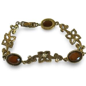Unbranded Vintage Goldtone Faux Amber Bracelet Floral Filagree Costume Jewelry